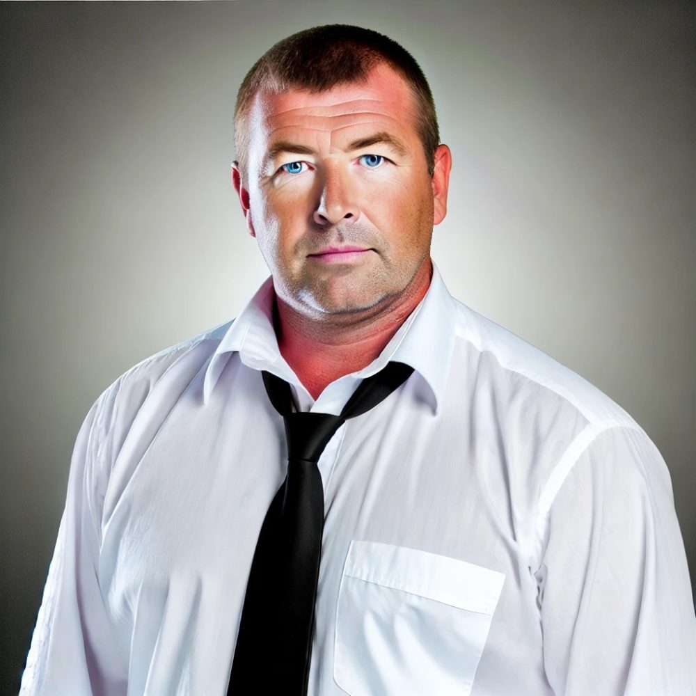ALLAN BECKER - DALL·E 2024-09-26 13.10.00 - A middle-aged man with a stocky build, short brown hair, and light wrinkles around his eyes, dressed casually in a white shirt with a loosely tied bla
