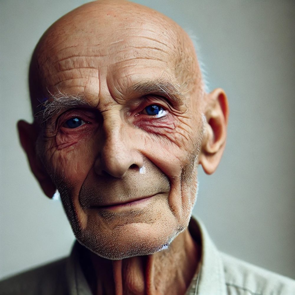 KONRAD LANG - DALL·E 2024-09-20 17.14.55 - A portrait of an elderly man who is almost bald with very few, thin hairs. His face shows signs of aging, with wrinkles and a tired appearance, but he